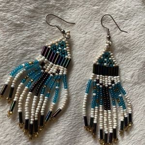 True vintage hand beaded native fringe earrings turquoise teal